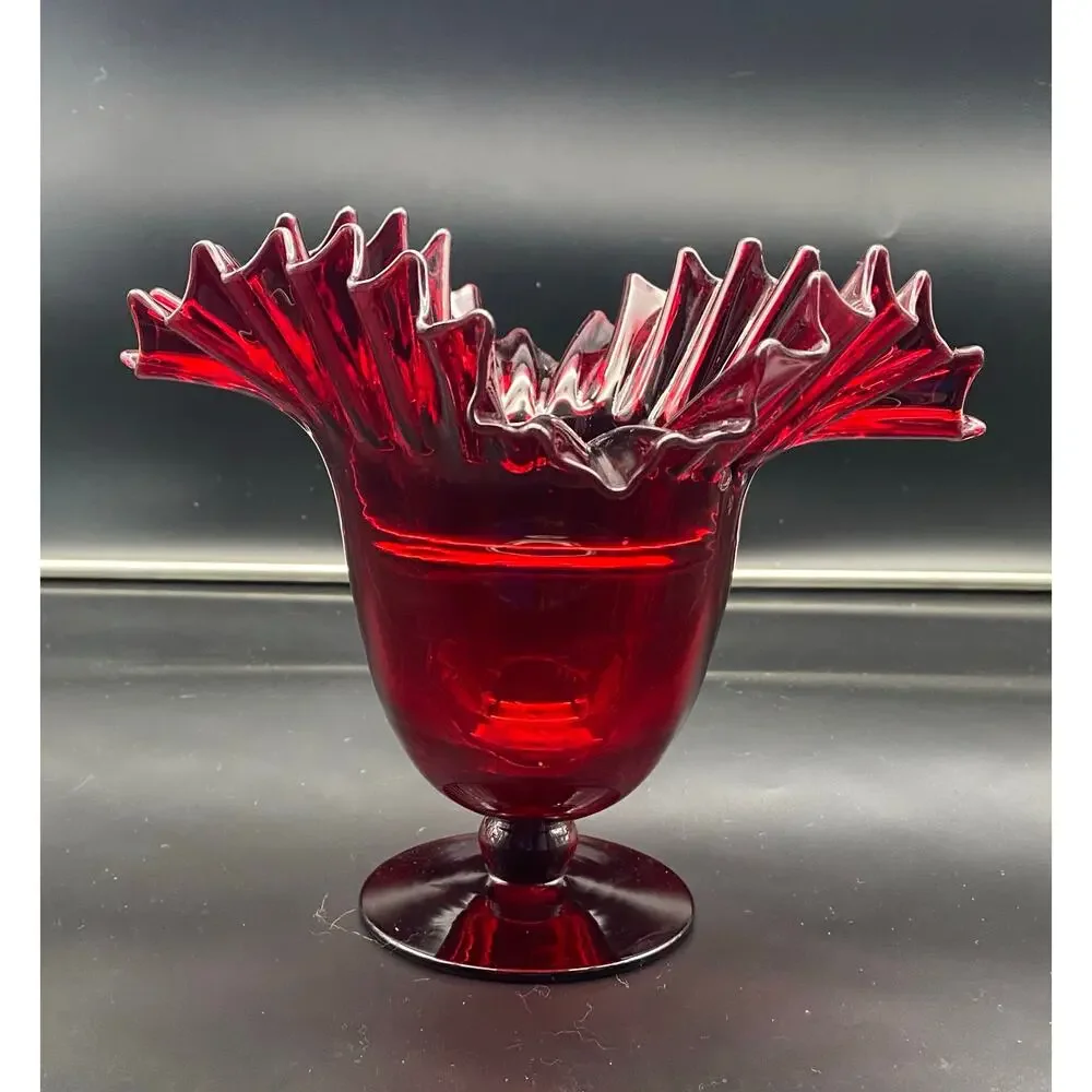 Vintage Blenko Ruby Red Crimped Edge Pedestal Vase 9